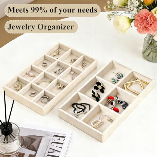 24 Pack Velvet Jewelry Trays Stackable Jewelry Organizer Trays Drawer Inserts Divided Storage Containers for Rings Earrings Jewelry Display (Beige) - Image 3