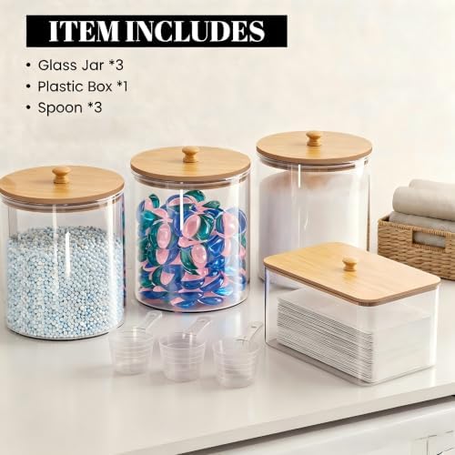 HomePekite Glass Laundry Pods Storage Container & Acrylic Dryer Sheet Holder, Laundry Room Organization and Storage, Detergent Powder Container, with Wooden Lids & Labels, 3+1 Pack - Image 5