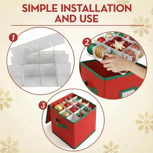 Christmas Ornament Organizer and Storage Box - Tear-Proof Non-Woven Container with 3-Inch Cube Compartments and Dual Zippers - Holds 64 Ornaments - Red - Image 3