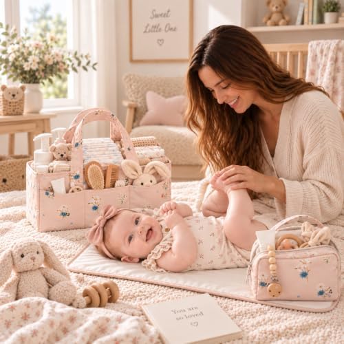PeraBella Baby Diaper Caddy Organizer 3 Pcs Set, Floral Baby Basket Shower Gift, Nursery Organizer Basket for Newborn Boy Girl Essential Items, Changing Table Organizer Caddy for Baby Stuff, Car Caddy - Image 3