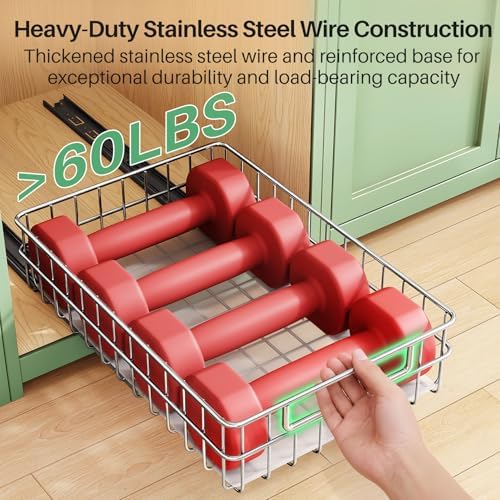 Stainless Steel Pull Out Cabinet Organizer(11.8"W x 16.5"D x 4.7"H)-1 Pack, Minimalist Design Frame, Full-Extension Slide Rails, Easy Installation for Pantry Organizers or Kitchen Cabinet Organizer - Image 4