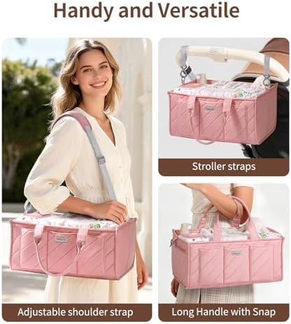 Extra Large Diaper Caddy Organizer – Big Nursery Storage Basket with Zipper Pocket, Shoulder Strap & Stroller Hooks, Water-Resistant Travel Tote for Twins, Gift for Baby Shower, Blush Pink - Image 3