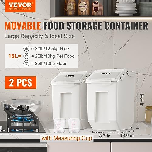 VEVOR Ingredient Storage Bin, 2 x 15L Dispenser Bin with 2 Measuring Cups, Attachable Casters and Airtight Lid, 2 Pcs/Set Dog Pet Food Storage Container, PP Material Kitchen Rice Cereal Flour Bin - Image 2
