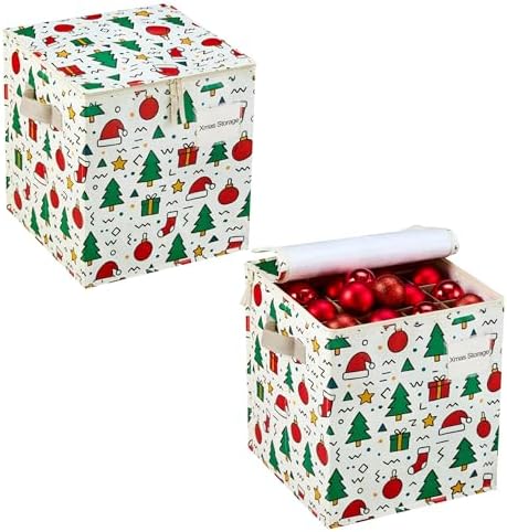 VENO 2 Pack Christmas Ornament Storage Box, Holiday Ornament Organizer with Adjustable Dividers, Sturdy Storage Containers for 64 Ornaments, Zippered Lid & Handles, 3" Cube (Jingle Mix) by Veno