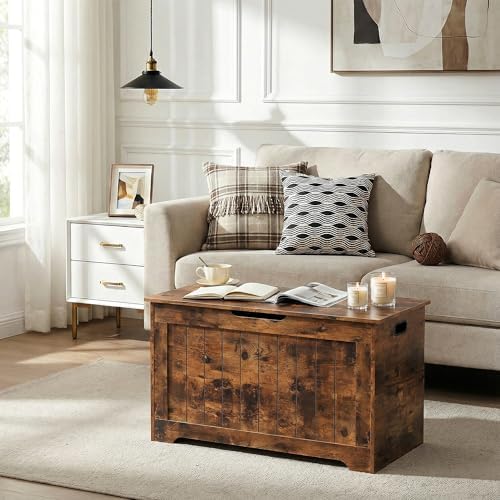 SUPER DEAL Storage Chest, 30 inches Chest Box Organizer with 2 Safety Hinges, Wooden Entryway Storage Bench, Rustic Brown - Image 2