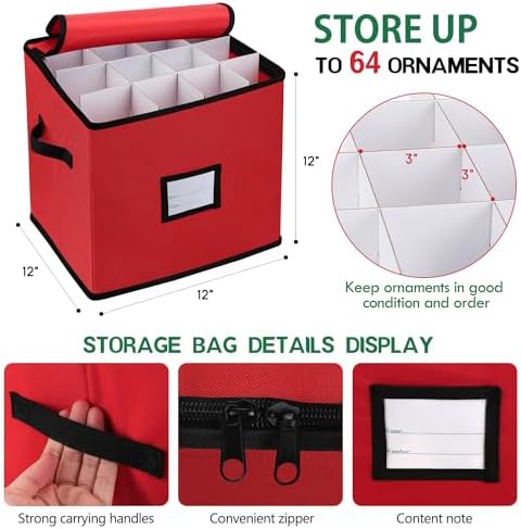BINSUNS Christmas Ornament Storage Box, Christmas Storage Containers Organizer Bag with Dividers - Fits up to 64 Holiday Xmas Ornaments Decorations 3” Seasons Balls(Mixed Black) - Image 2