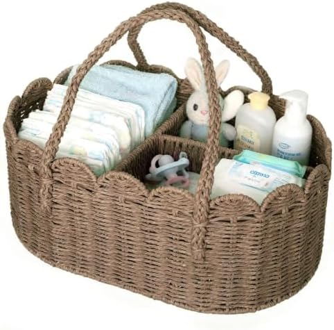 Diaper Caddy Organizer, Paper Rope Storage Baskets Nursery Bin with Removable Divider, Portable Car Organizer for Diapers, Baby Shower Gifts, Newborn Essentials Must Haves (Brown) by Unknown
