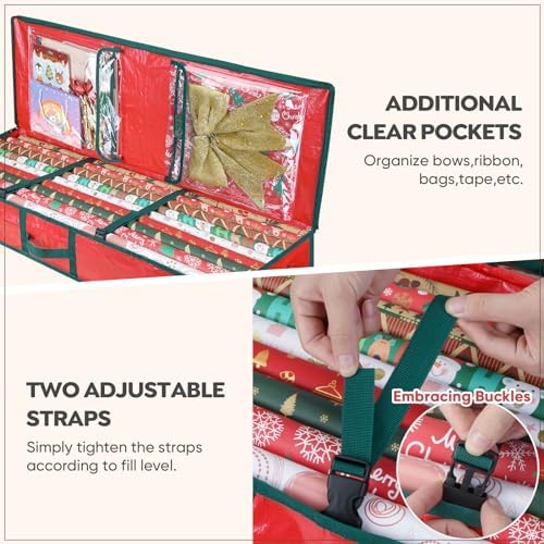 BALEINE Soft Christmas Wrapping Paper Storage Bag, 40" Durable PE Gift Wrap Storage Bag with Flexible Partitions and Pockets for Ribbon, Accessories (Red) - Image 2