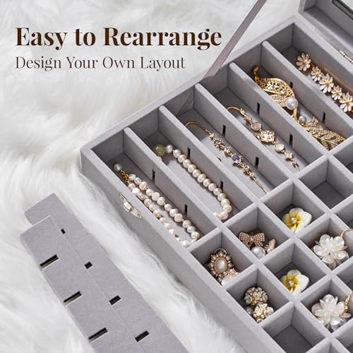 48 Grid Earring Organizer and Storage: Velvet Jewelry Tray with Lid, Jewelry Box for Studs, Earrings, Rings, Necklaces, Dresser & Vanity, Earrings Case Organizer for Girls, Women, 13"x8.6"x2.4", Grey - Image 5
