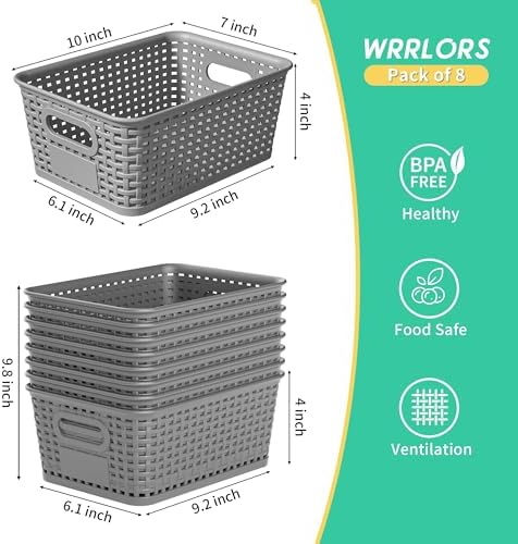 8 Pack Plastic Storage Baskets,Grey Stackable Bins with Lid - Image 3