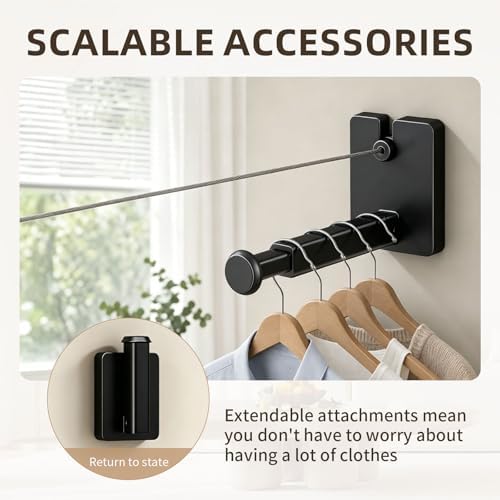 Anti-Sag Retractable Clothesline 40LB Capacity - 201in Stainless Steel Laundry Line for Indoor Outdoor, Wall Mounted Space Saving Easy Install (Black, with Pole) - Image 2