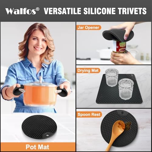 Walfos Silicone Trivet Mats - 4 Heat Resistant Pot Holders, Multipurpose Non-Slip Hot Pads for Kitchen Potholders, Hot Dishers, Jar Opener, Spoon Holder, Food Grade Silicone & BPA Free (Black) - Image 3