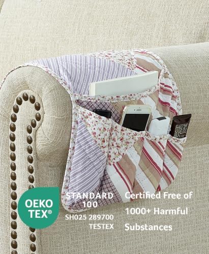 Brilliant Sunshine Pink Rosette & Stripe Couch Armrest Organizer, 35"×13" - Image 2