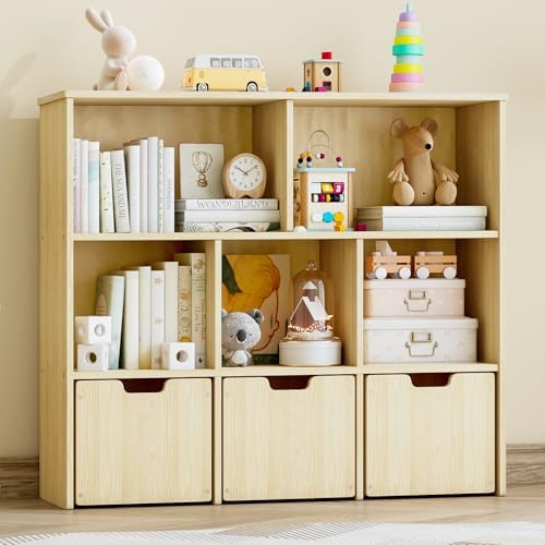 EXPERLAM Solid Pine Wood Toy Storage Organizer, Kids Bookshelf and Toy Organizer with 3 Rolling Drawers, 5 Storage Cubes, Montessori Playroom Storage Cabinet, Burlywood by EXPERLAM
