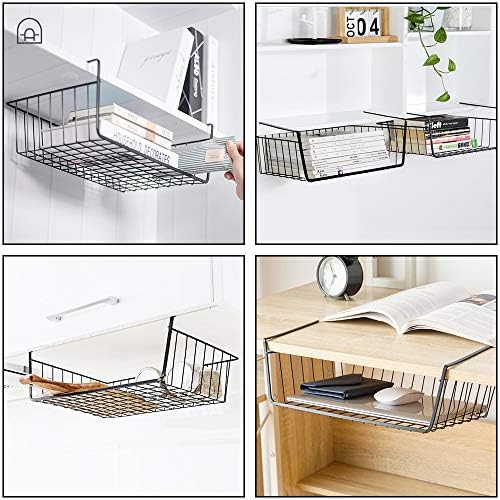 4 Pack Under Shelf Basket, Under Cabinet Organizer Shelf, Durable Metal Wire Rack Hanging Basket Storage Rack, Shelf Organizing for Kitchen/Pantry/Bathroom/Desk-Slide Arms Height:1.45in(Black) - Image 4