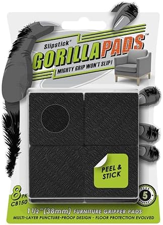 Slipstick GorillaPads CB150 Non Slip Furniture Pads/Rubber Grips (Set of 8) Self Adhesive Furniture Feet Floor Protectors, 1-1/2 inch Square, Black by Slipstick