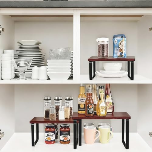 2 Pack Expandable Cabinet Shelf, Wood & Metal (Brown) - Image 2