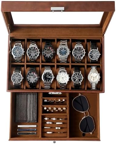 GUKA Watch Box, 12 Slot Watch Case, Watch Cases for men with Real Glass Lid, Synthetic Leather Watch Organizer storage with Jewelry Case, Birthday for Men and Women, Brown by GUKA