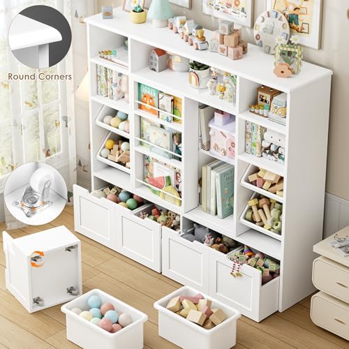 FINETONES Toy Storage with Sliding Bookshelf, Toy Organizer with 4 Bins - Image 6