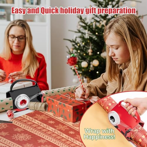 2-Pack Wrapping Paper Cutter & Tape Dispenser for Christmas Gift, Improve Gift Packaging Efficiency, Makes the Cutting line straighter, Cutting Tool with 4 Tapes，2 Replace Blades Kit, Red and Black - Image 6