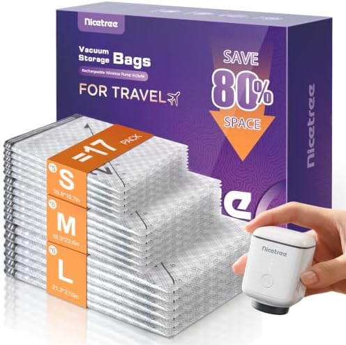 Nicetree 17-Pack Vacuum Bags for Travel with Rechargeable Pump, 3 Sizes by Nicetree