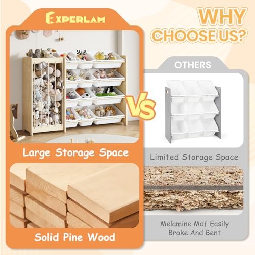 EXPERLAM Kids Toy Storage Organizer, 2-in-1 Stuffed Animal Storage & Toy Organizer w/12 Bins, Solid Wood Toy Rack Featuring Thicker Elastic Ropes to Hold Toys, Playroom Nursery Bedroom Storage, White - Image 6