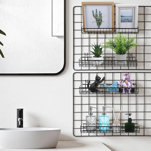 4 Pcs Black Metal Grid Wall Baskets with Hooks, Hanging Wire Storage Organizer Shelf for Kitchen Bathroom Office, 15.75 x 3.94 x 1.97 Inch - Image 4