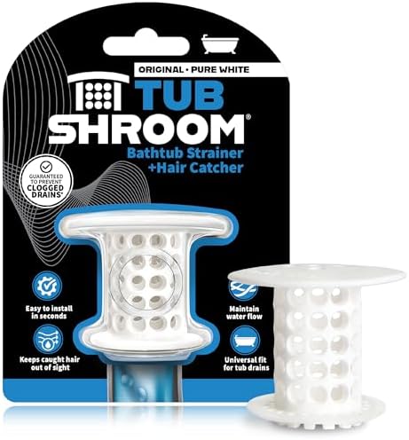 TubShroom Bathtub Drain Hair Catcher – In-Drain Tub Strainer & Clog Prevention Protector, Fits Standard 1.4”–1.75” Tub Drains, Easy Clean, Captures Human & Pet Hair out of Sight (White) by TubShroom