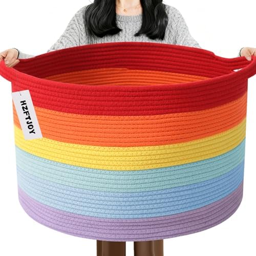 65L Large Blanket Basket,Rope Woven Laundry Basket-Rainbow by HZFTJOY