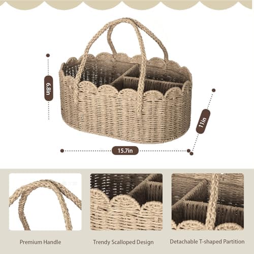 Diaper Caddy Organizer, Paper Rope Storage Baskets Nursery Bin with Removable Divider, Portable Car Organizer for Diapers, Baby Shower Gifts, Newborn Essentials Must Haves (Beige) - Image 3