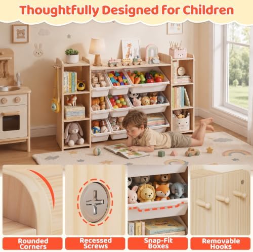 DOREROOM Toy Storage Organizer with Bookshelf, 6 Shelves/9 Toy Bins/6 Hooks - Image 4