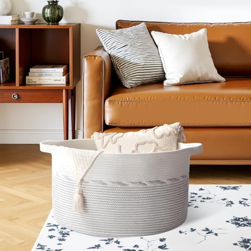 OIAHOMY 90L Extra Large Blanket Basket - Decorative Cotton Rope Storage Basket for Bedroom, Living Room & Nursery - Woven Laundry Hamper for Organizing Blankets, Clothes & Toys - Light Grey & White - Image 4