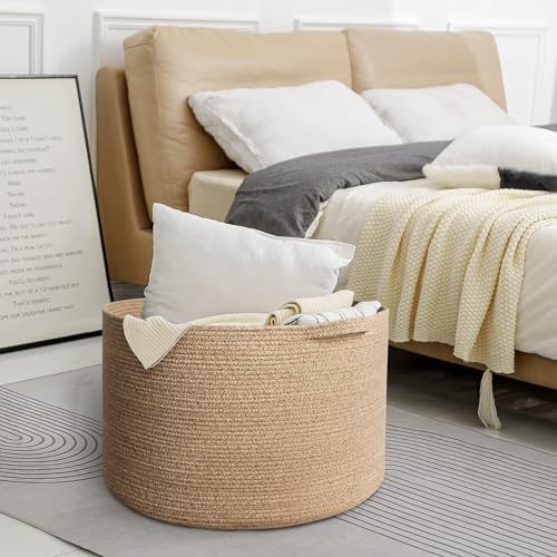 MEGASKET Extra Large Storage Basket, 22”x14” Woven Cotton Rope Basket, Big Kids Dog Floor Toy Bin, XXL Blanket Pillow Holder for Living Room Bedroom, Brown Variegated Round Baskets for Organizing - Image 6