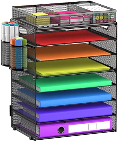 8 Tier Paper Letter Tray Organizer (Black-with Drawer,Pen Holders) - Image 2