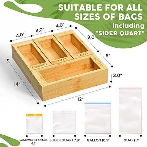 DALSHABET Bamboo Storage Bag Organizer, 4 Separate Food Storage Bags, 12x14 Baggie Organizer Dispenser for All Brands Gallon, Snack, Sandwich & Quart Slider Bags Beige - Image 4