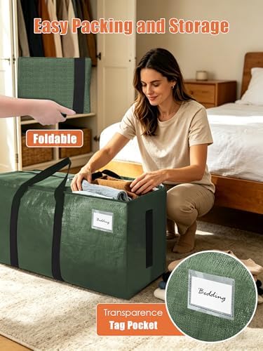 SWEET DOLPHIN 12 Pack 200LB Heavy-Duty Moving Bags with Wrap-Around Handles, Extra Large Storage Totes for Space Saving, Clothes Storage Bags, College Dorm Essentials, Green, 24 Gal - Image 3