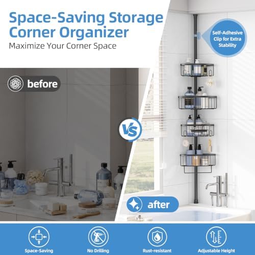 KINGRACK 4-Tier Tension Pole Shower Caddy,Corner Shelf for Storage, Black - Image 4