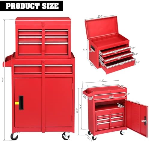 Winado 4-Drawer Rolling Tool Chest, 2-in-1 Large Storage Toolbox, Red - Image 6