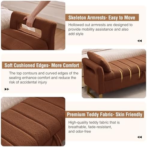 66" Storage Bench for Bedroom Upholstered End of Bed Bench King Size Brown - Image 5