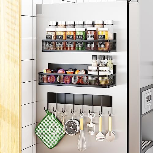 Aufworld Magnetic Spice Rack for Refrigerator, 3 Pack Magnetic Shelf, Moveable Fridge Organizer with 8-Hook Rack, Seasoning Organizer for Kitchen by Unknown