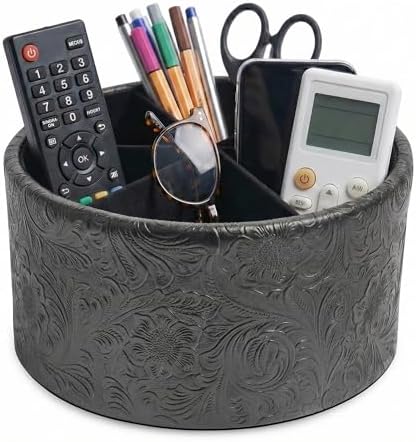 Remote Control Holder, 360°Spinning PU Leather Desk TV Remote Caddy,Desk Storage Box Room Accessories for Controller, Media,Mail,Calculator, Mobile Phone,Pencil(1-Carved Black) by Hennaja