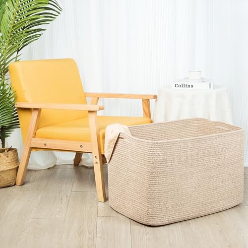 MINTWOOD Design 112L Extra Large Blanket Basket Holder Living Room, 25"x17"x16" Rectangle Rope Woven Storage Basket with Handles for Laundry, Towels, Shoes, Dog Toy Organizer Bin Box, Oatmeal Brown - Image 4
