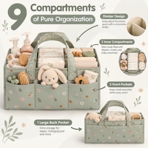 PeraBella Baby Diaper Caddy Organizer, Floral Baby Basket Shower Gift, Nursery Organizer Basket Newborn Boy & Girl Essential Items, Changing Table Organizer Caddy for Baby Stuff, Car Caddy- Sage Green - Image 2