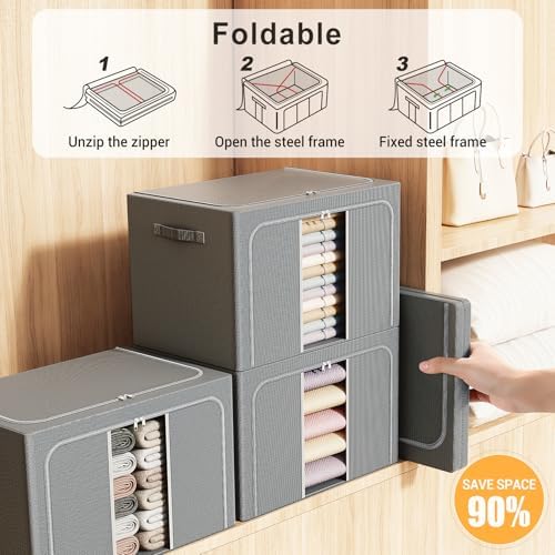 Clothes Storage Bins with Metal Frame, Foldable Clothes Organizers Storage Containers for Clothes, Sheets, Blankets, Pillows and Towels （66L, 3 Pack, Deep Grey - Image 4