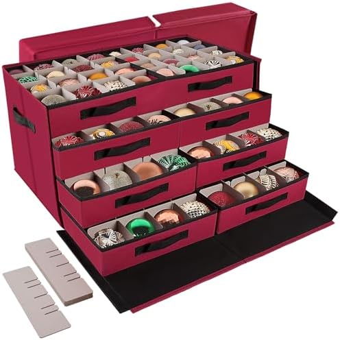 BlessedSeason Christmas Ornament Storage Box，Stackable 6 Drawer Organizers，Max 112 3" Christmas Dauble, Adjustable Christmas Ball Storage Container Bins, Red by Unknown