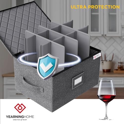 YearningHome Wine Glass Storage Box with Dividers,Hard Shell and Stackable Stemware Storage Containers with Sturdy Handle for Glassware Crystal Storage and Transport,Grey,Holds 12 - Image 4