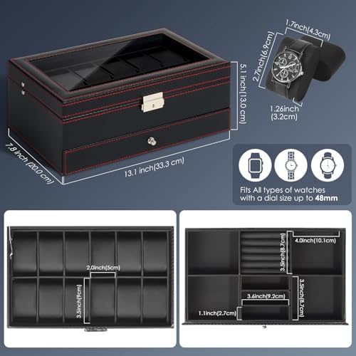 Watch Box for Men, 12 Slot Watch Case, Men's Jewelry Box With Drawer, Man Jewelry Accessory Organizer Case with Large Window, 2-Layer Watch Holder, PU Leather, Fathers Day Gift for Dad - Image 3