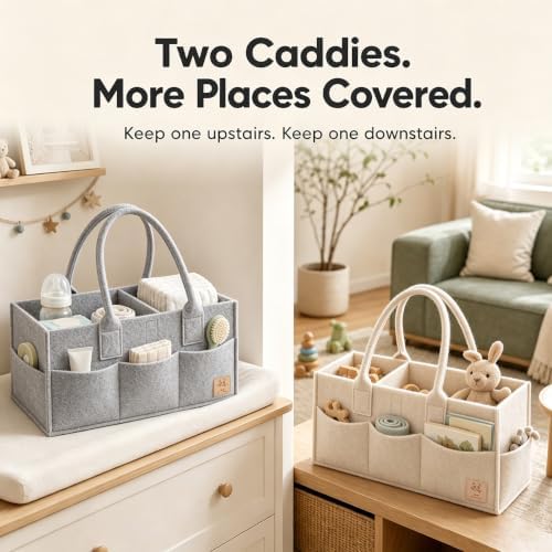 HIPHOP PANDA 2-Pack Diaper Caddy Organizer - Newborn Essentials Baby Registry Must Haves - Sturdy Nursery Storage Bin & Portable Car Caddy for Diapers & Wipes - Grey/Oatmeal Gift Set - Image 5