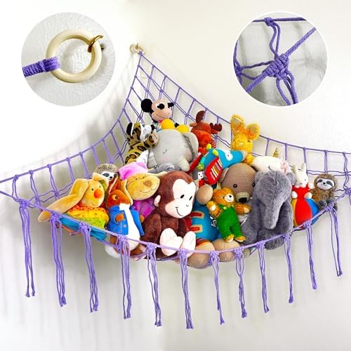 ABBY BABY Large Stuffed Animal Hammock Corner - Stuffed Animal Storage - 100% Natural Cotton Macrame Stuffed Animal Net - Stuff Animal Organizer - Net For Stuffed Animals Corner Large - Purple by AbbyBaby