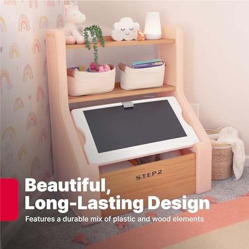 Step2 Harmony Toy Storage Box, Wood and Plastic, Shelves for Books, Toy Storage Bin with Chalkboard Lid and Clip, Easel and Toy Organizer in One, Rose Pink - Image 5